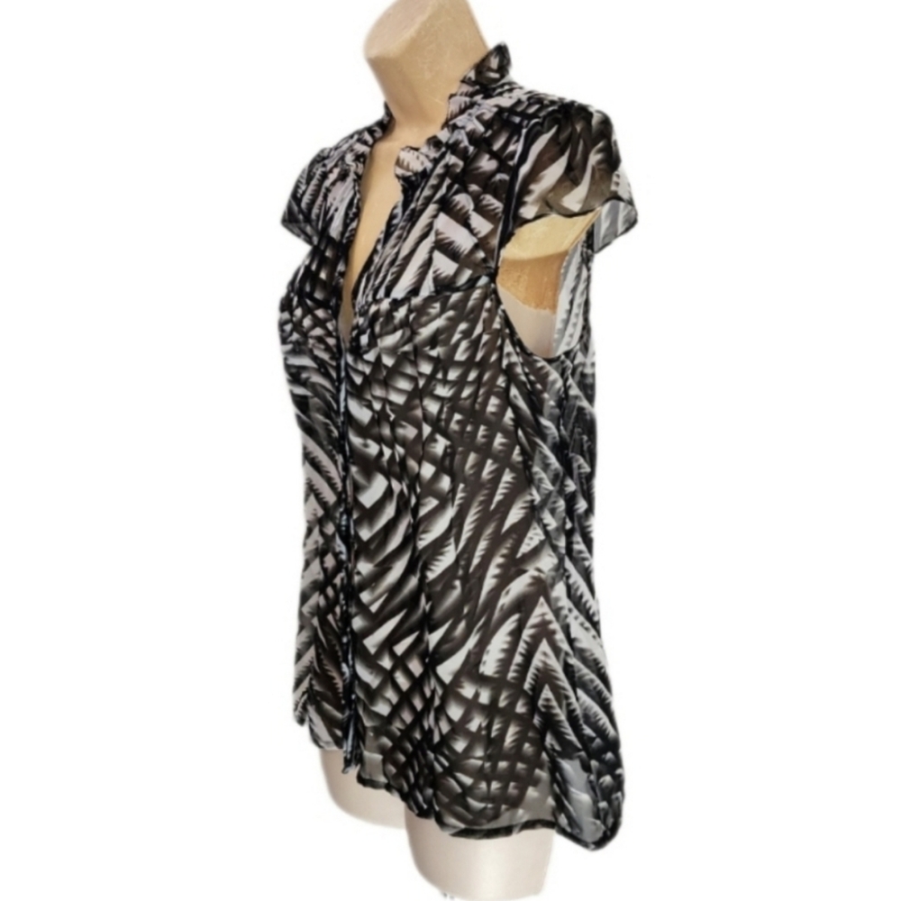 Zebra Stripe Semi Sheer Short Sleeve Blouse by Worthington Black Size L